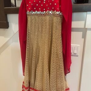 Red Gold silk and lace gown Lengha Anarkli Indian dress